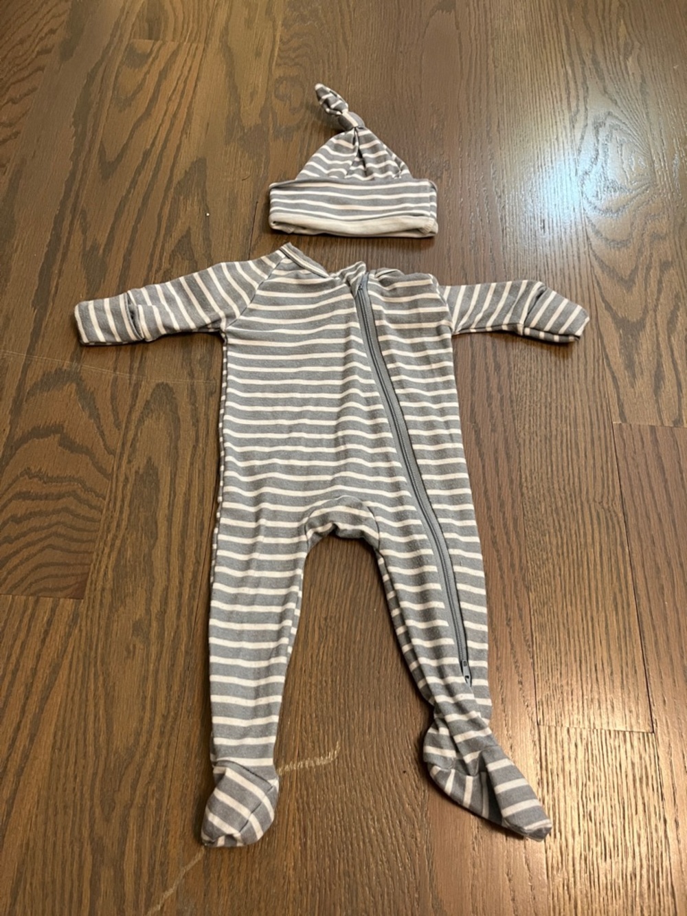 Striped Grey & White Footed Baby One-Piece Zipper Pajamas